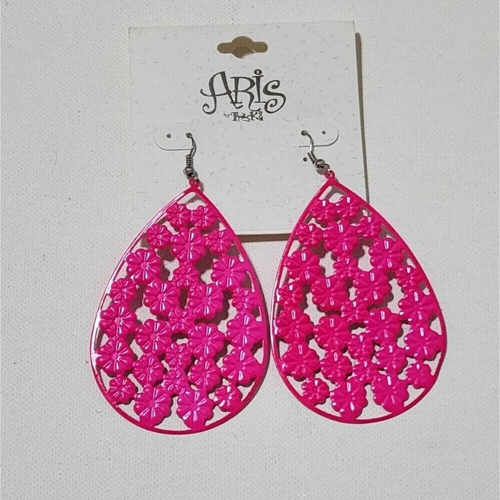 Aris by Treska Hot Pink Floral Teardrop Statement Earrings Openwork Filigree NEW